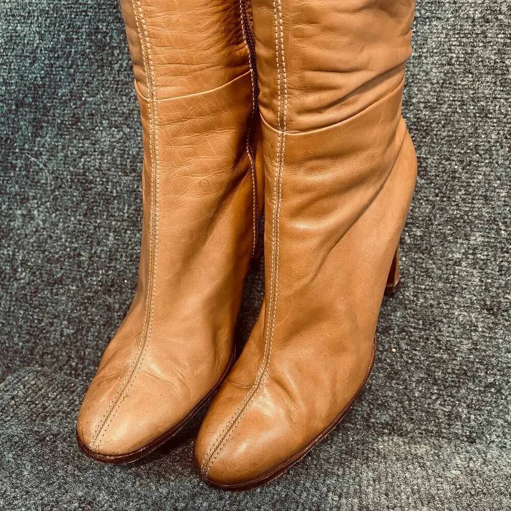 Vintage Alexander's Nordstrom Tan Leather Knee High Boots Block Heel Womens 7